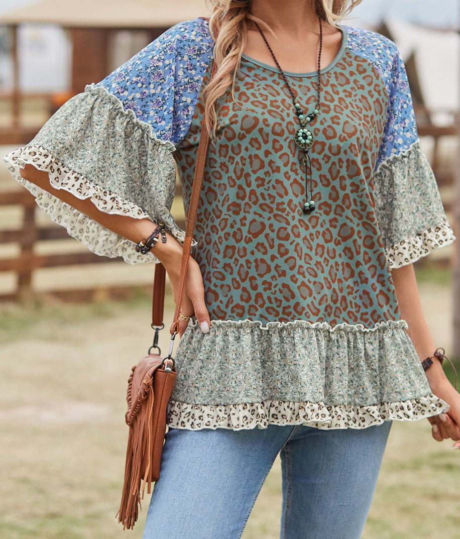 Leopard Floral Ruffle Crewneck Top