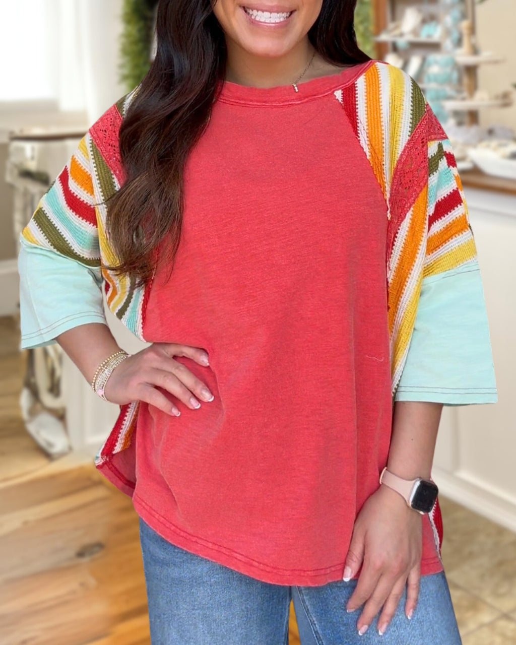 Colorful Striped Patchwork Sleeve Top