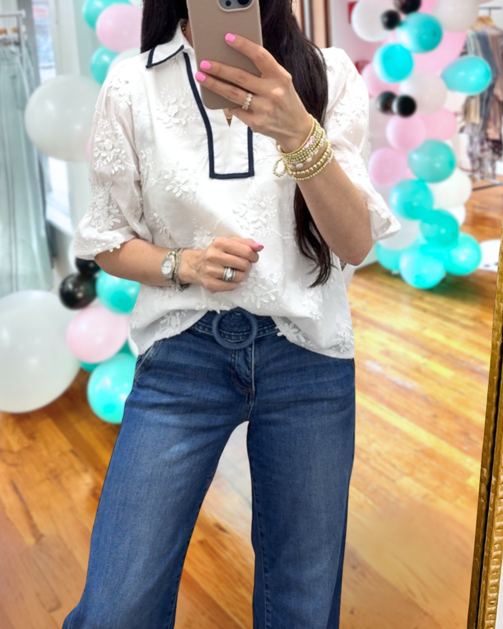 Jacquard Embroidered V-neck Top