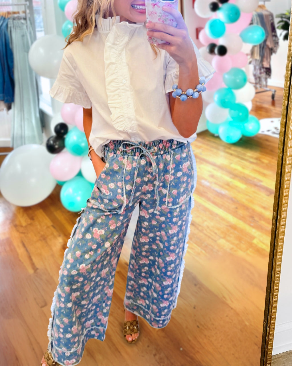Spring Floral Wide-leg Jeans