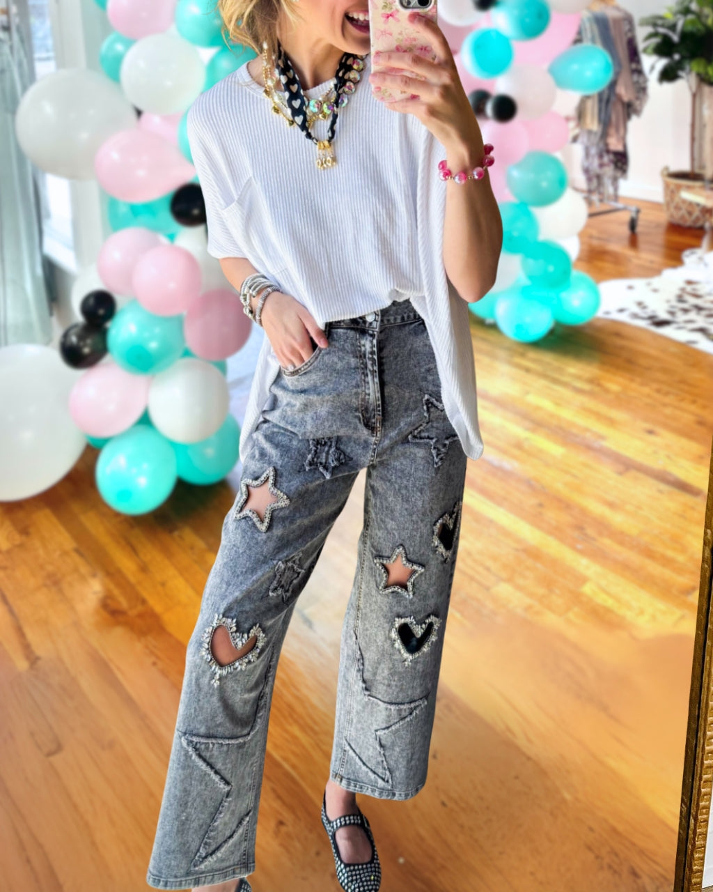 Star Heart Embroidered Cutout Jeans