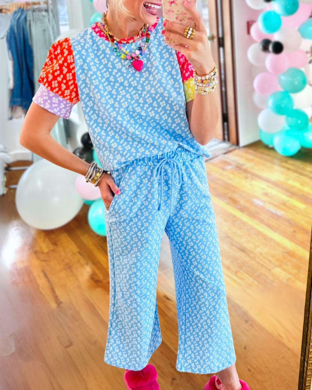 Color-blocked Sleeves Floral Set