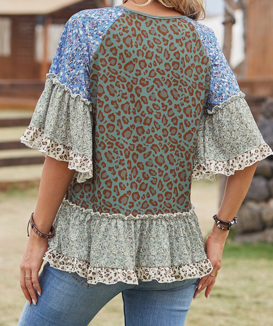 Leopard Floral Ruffle Crewneck Top