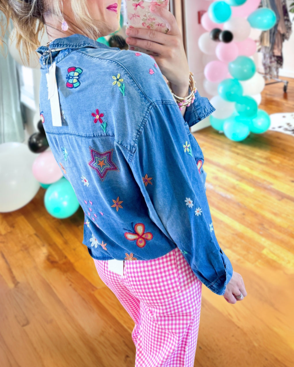 Playful Floral Embroidered Denim Shirt