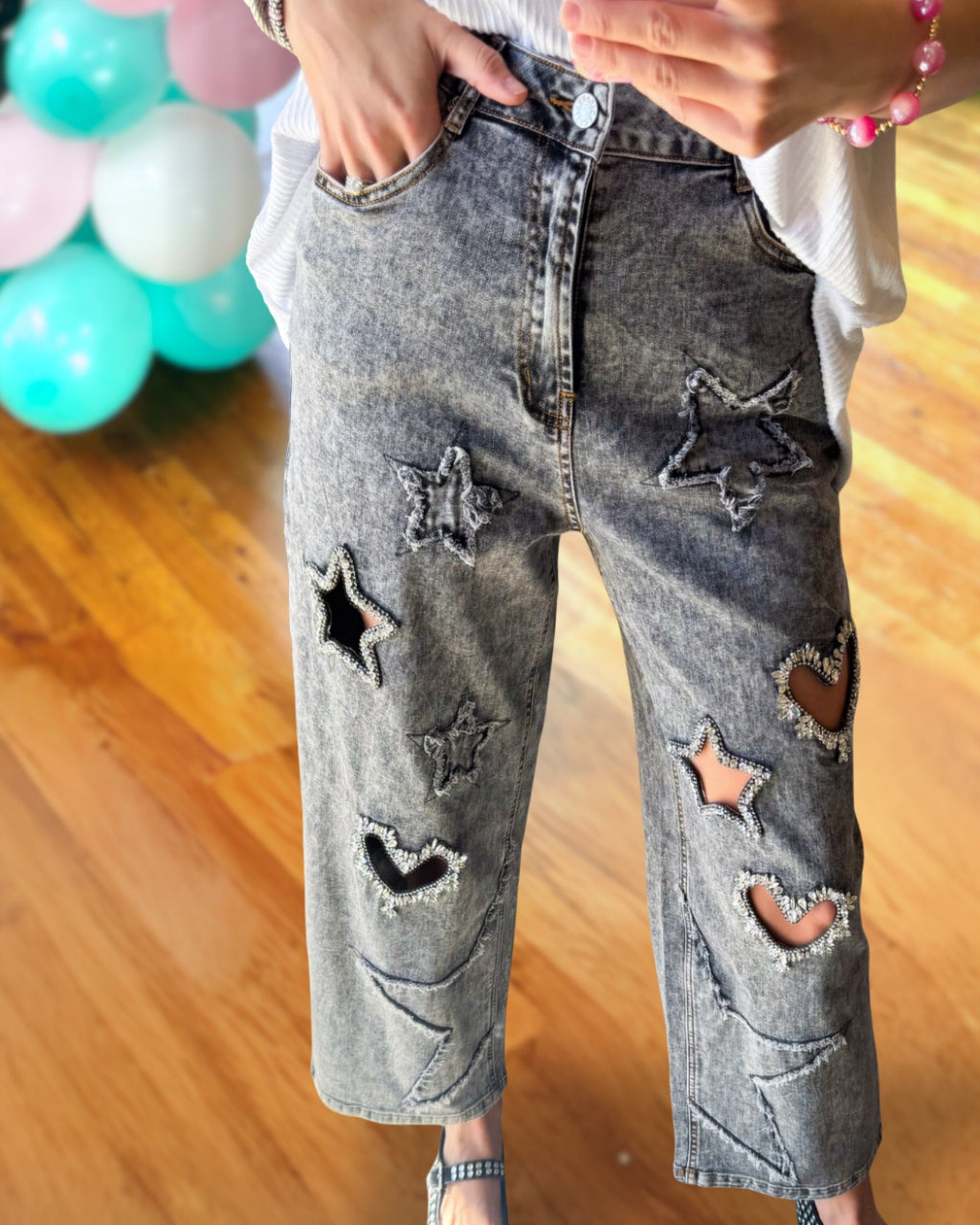 Star Heart Embroidered Cutout Jeans