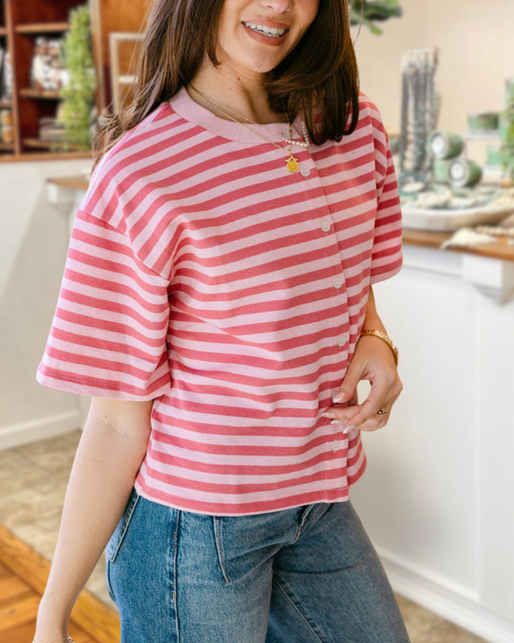Chic Striped Snap-Button Top