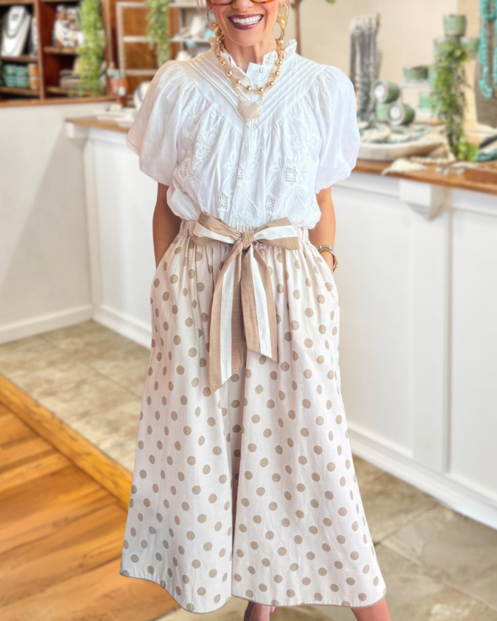 Bow Tie Waist Polka-Dot Satin Skirt