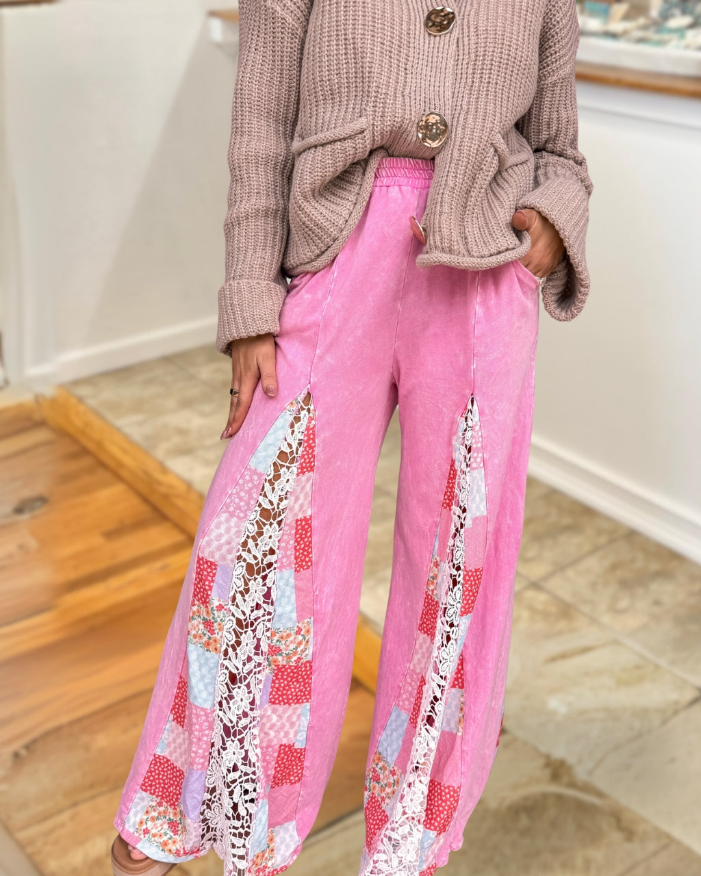 Floral Lace Patchwork Washed Trousers