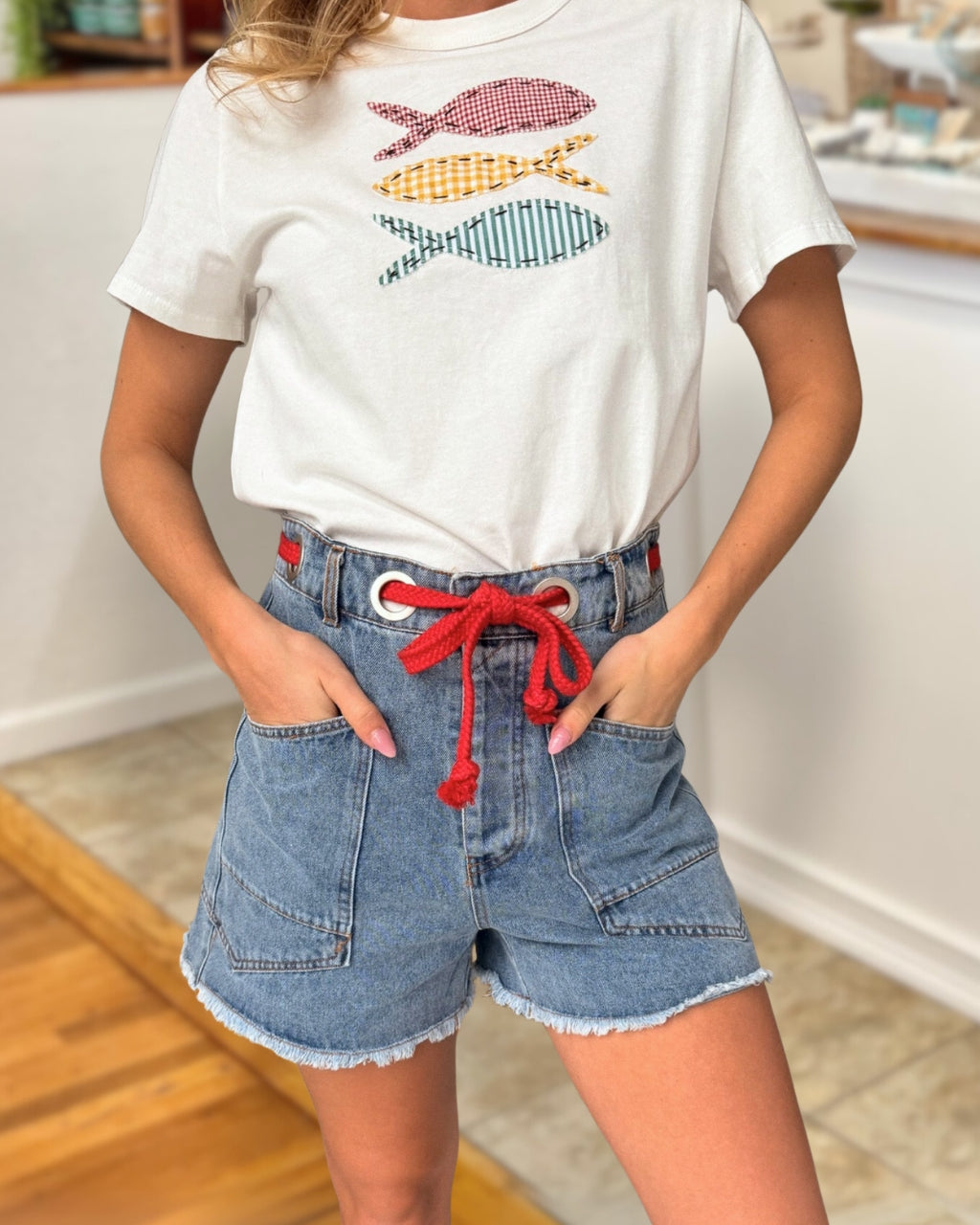 Drawstring Frayed Denim Shorts