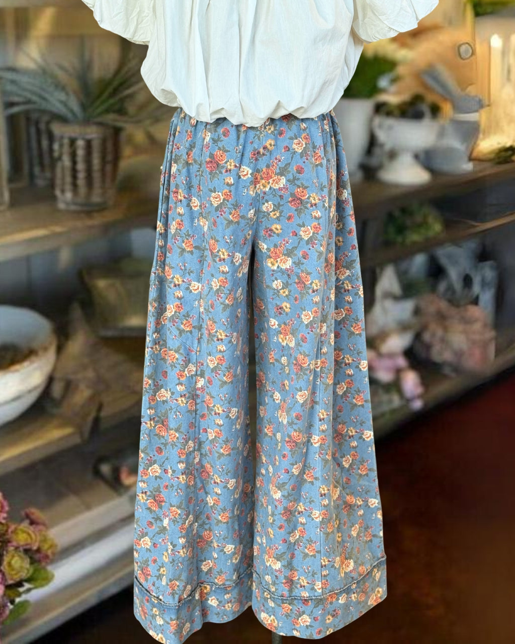 Vibrant Floral Wide-Leg Denim Pants