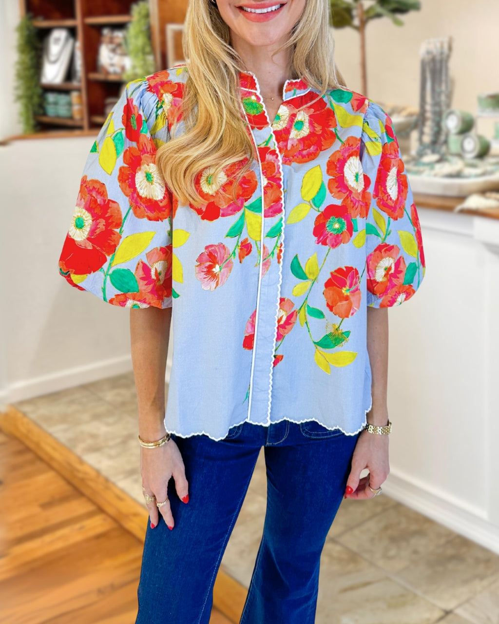 Floral Poplin Puff Sleeve Shirt