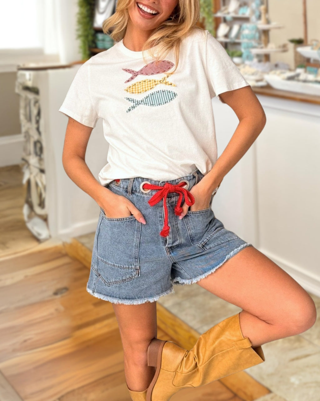 Drawstring Frayed Denim Shorts