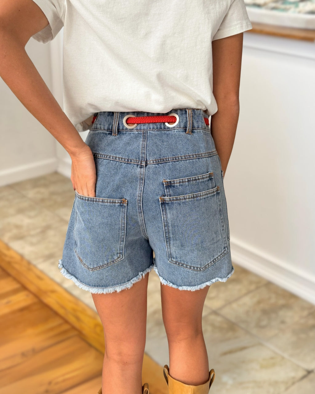 Drawstring Frayed Denim Shorts