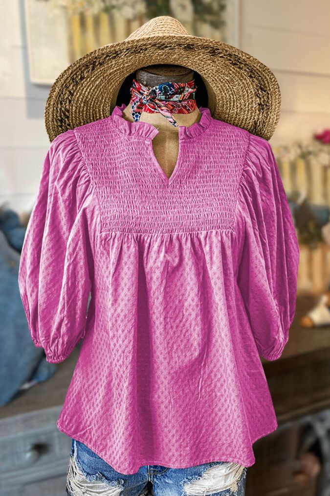 Cotton Ruffle Smocked V-Neck Blouse
