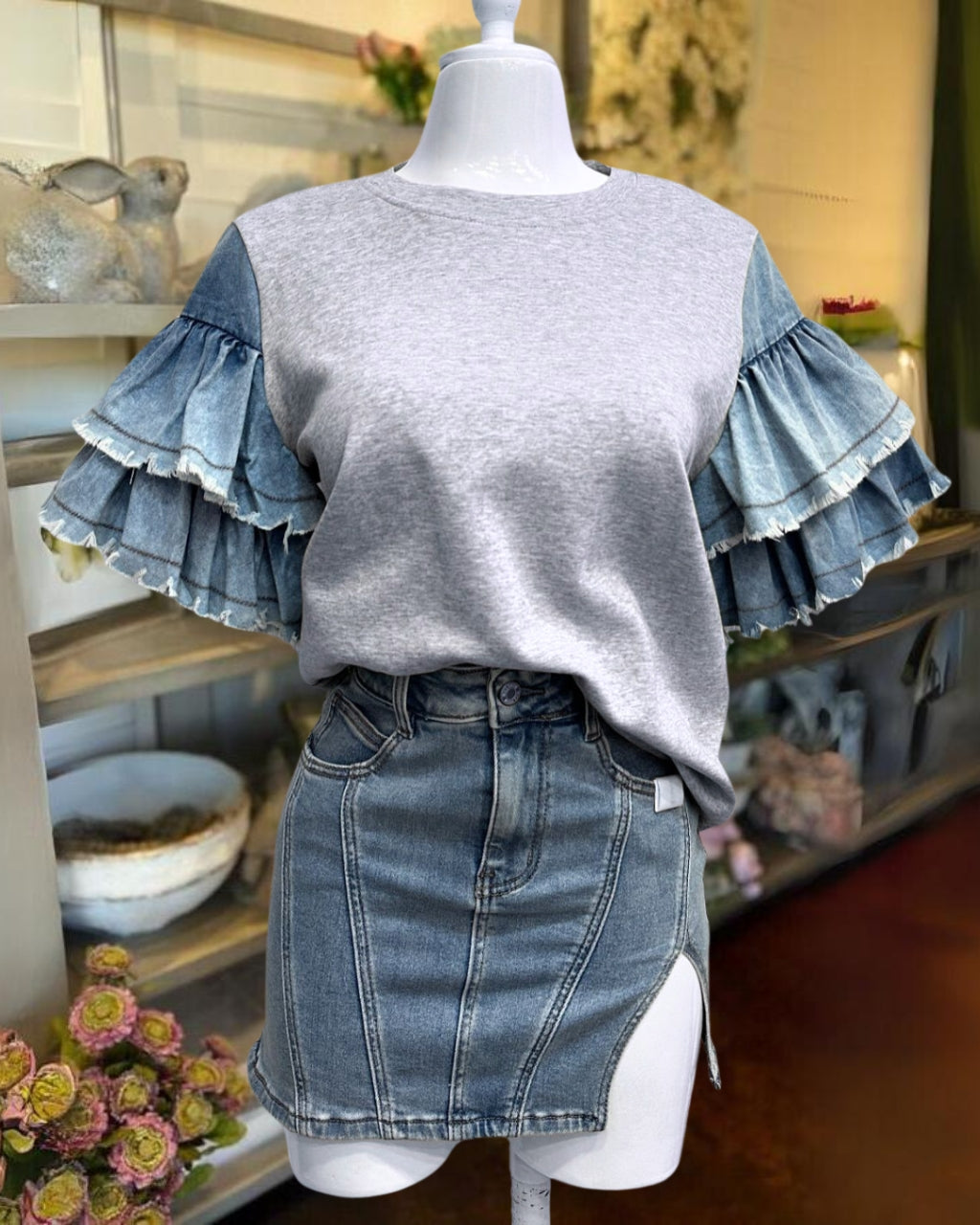 Denim Ruffle Sleeves Tee