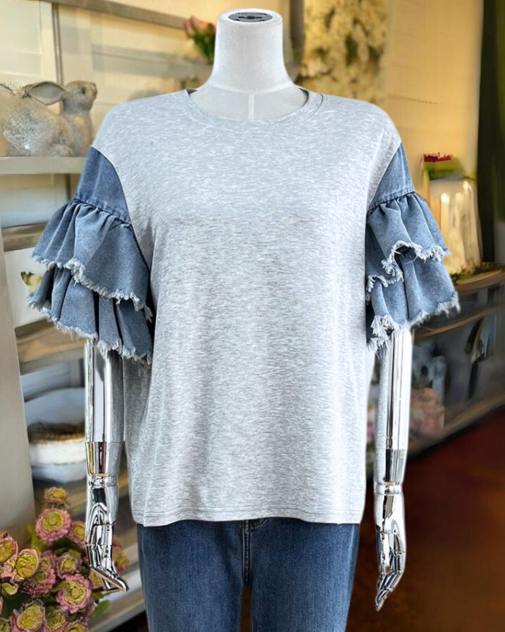 Denim Ruffle Sleeves Tee