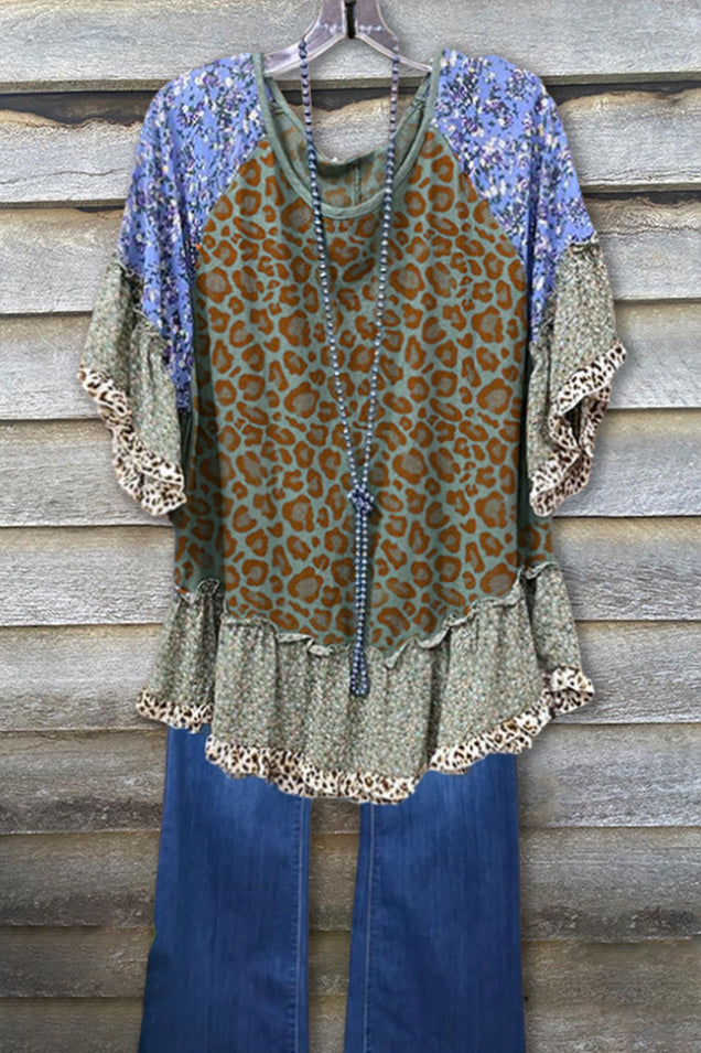 Leopard Floral Ruffle Crewneck Top