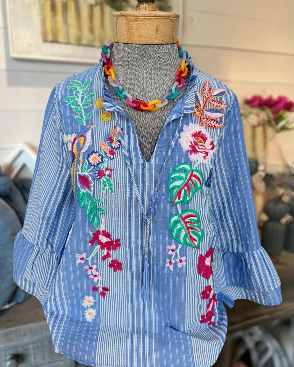 Exquisite Floral-Embroidered Striped Top