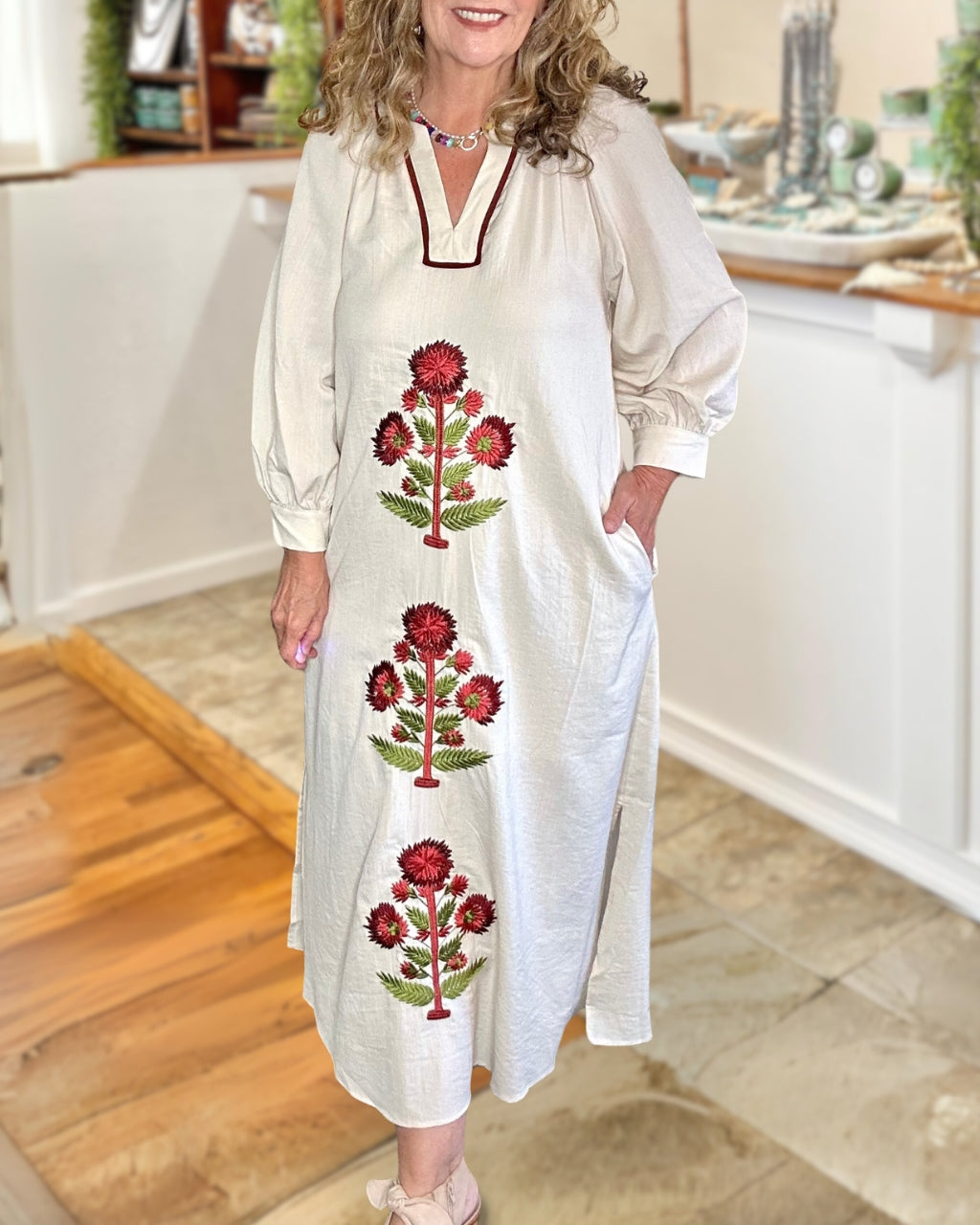 Embroidered Floral V-neck Maxi Dress
