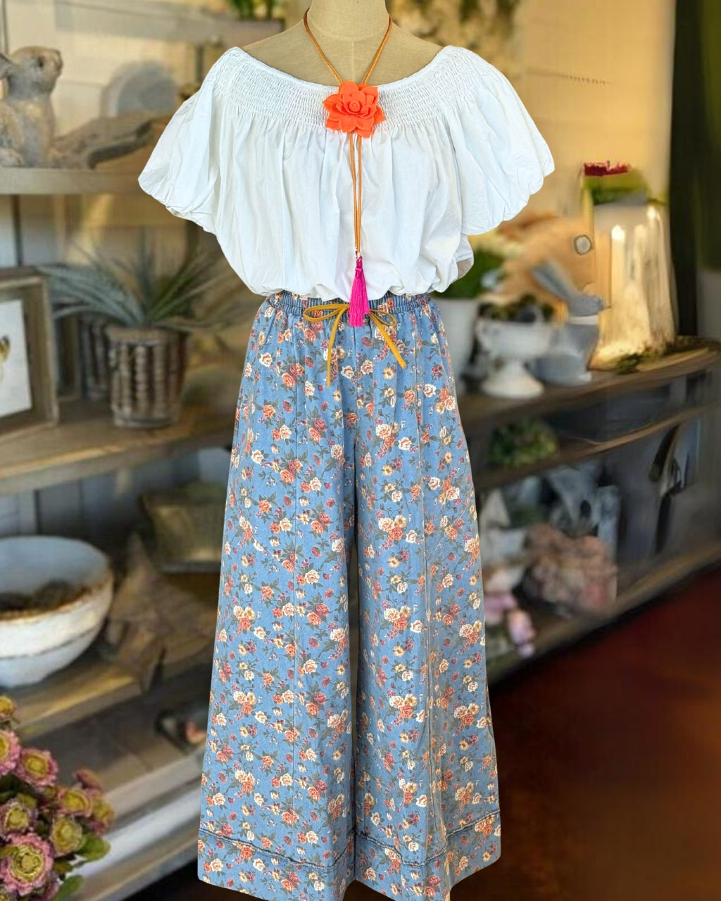 Vibrant Floral Wide-Leg Denim Pants