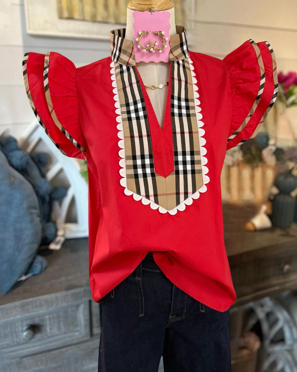 Plaid-Paneled Ruffle Poplin Top
