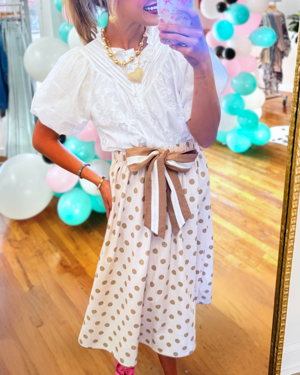 Bow Tie Waist Polka-Dot Satin Skirt