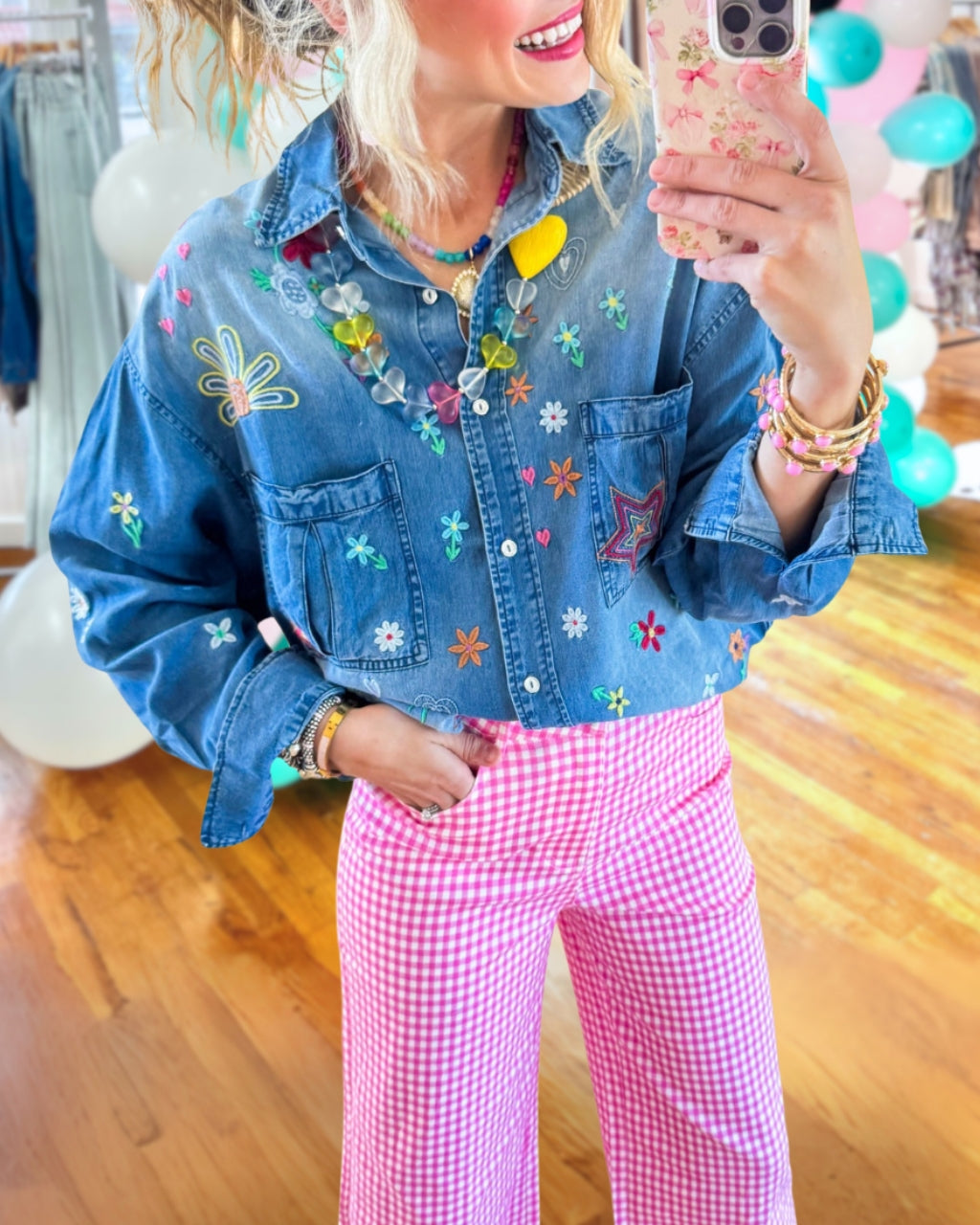 Playful Floral Embroidered Denim Shirt