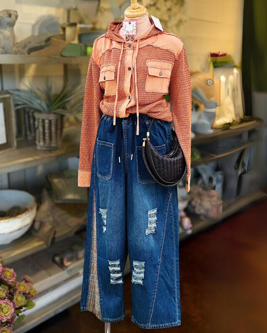 Ripped Plaid-Paneled Jeans
