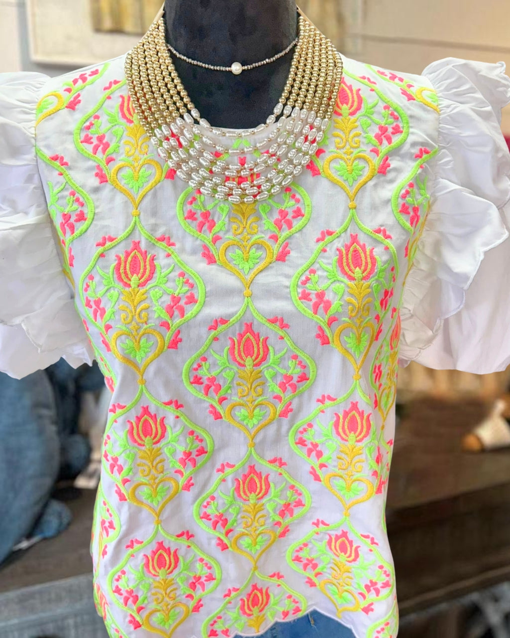 Retro Floral Puff-Sleeve Satin Top