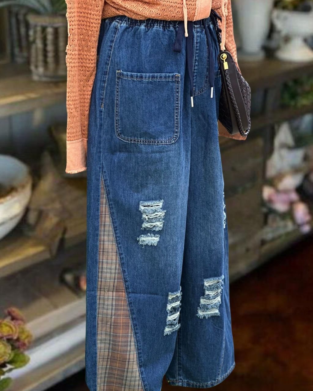 Ripped Plaid-Paneled Jeans