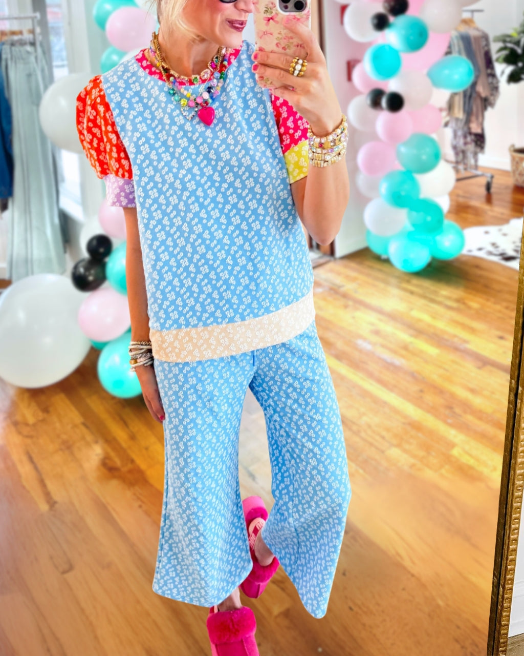 Color-blocked Sleeves Floral Set
