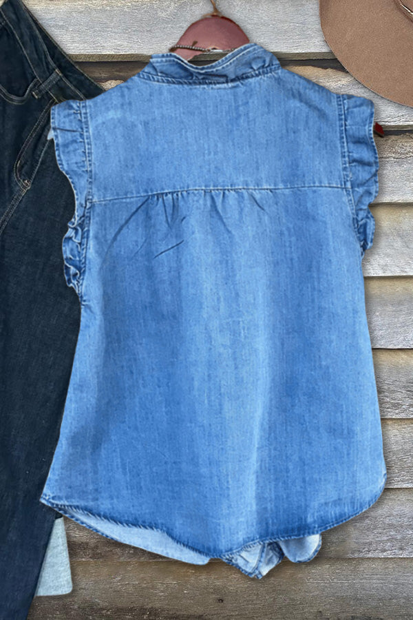Casual Ruffle Denim V-Neck Vest